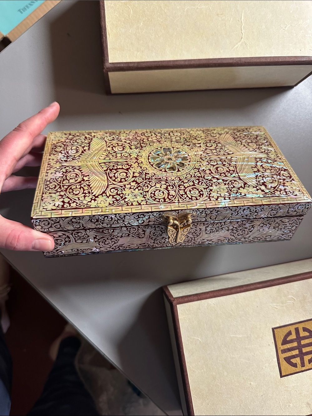 February Mountain Mother-of-Pearl Inlaid Jewelry Box in Burgundy and Gold